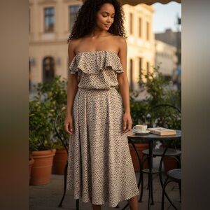 DEBORAH VIERECK‎ Taupe strapless ruffle top midi dress size S.